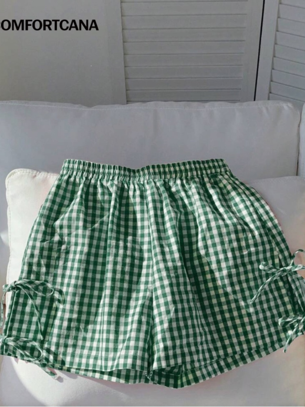 Shein Comfortcana Women's Green Plaid Woven Side Tie Waist Loose Shorts NWOT